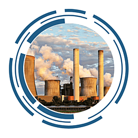 A power plant. The image is framed by a circular, futuristic design.